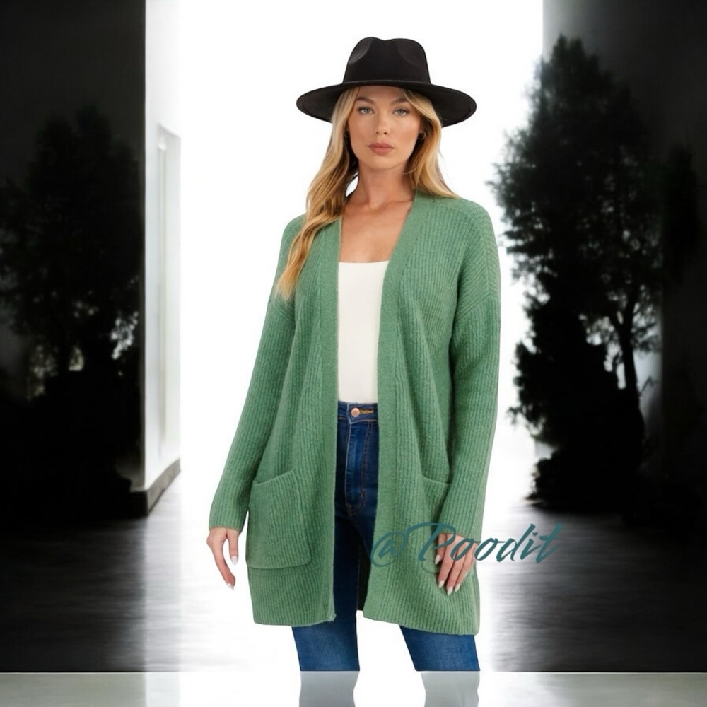 TRES CHIC Gorgeous green ribbed open front part wool cardigan S M L - Picture 4 of 9